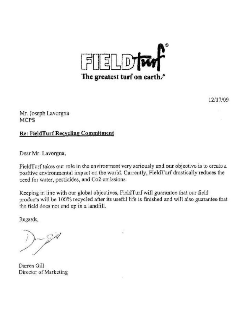 SHPFC's tweet photo. Once upon a time, Fieldturf *guaranteed* that its plastic field products would be “100% recycled” after their useful life and that they would not end up in a landfill. As many jurisdictions are finally figuring out, that was a marketing fairy tale. #weareturf #wearetrash #weRAISE https://t.co/YSIzUU4hhS