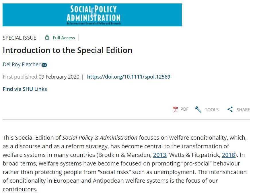 CRESR_SHU's tweet photo. Check out new @spaajournal special issue with a great collection of articles on welfare conditionality and the use of benefit sanctions. Includes an introduction from our own Del Fletcher. https://t.co/TUNIMz0Ntm
It's open access so available to everyone! https://t.co/1wCkZnCvtm