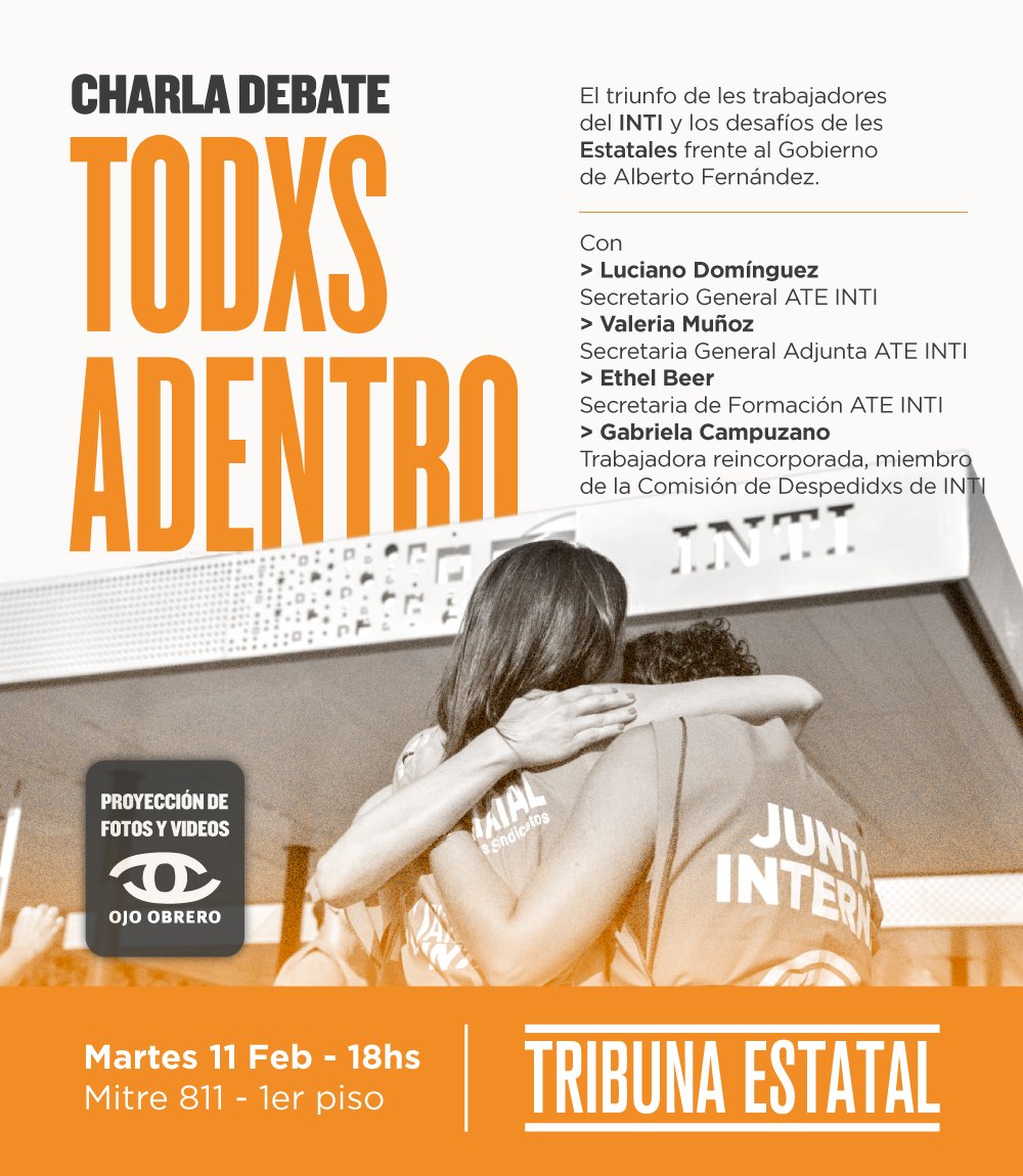 EnacomNaranja's tweet photo. 📍Martes 11/02 - 18 hs. - Mitre 811, 1er piso

El triunfo de les trabajadores del INTI y los desafíos de les Estatales frente al Gobierno de Alberto Fernández https://t.co/WqpFdruXX9