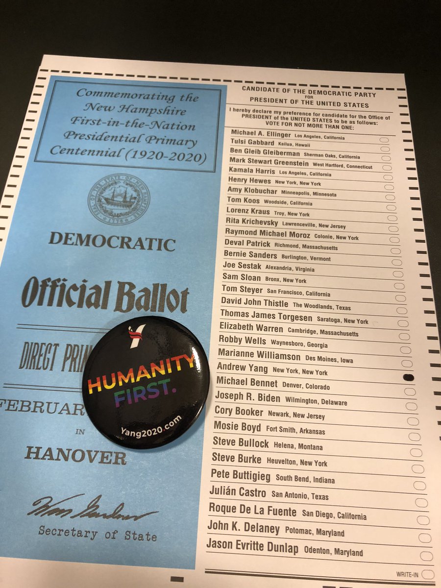 TheBloodMD's tweet photo. NH polls are open. A vote for @AndrewYang is a proud vote for Humanity. And I voted for Humanity. #HumanityFirst https://t.co/xouEp4WJH9
