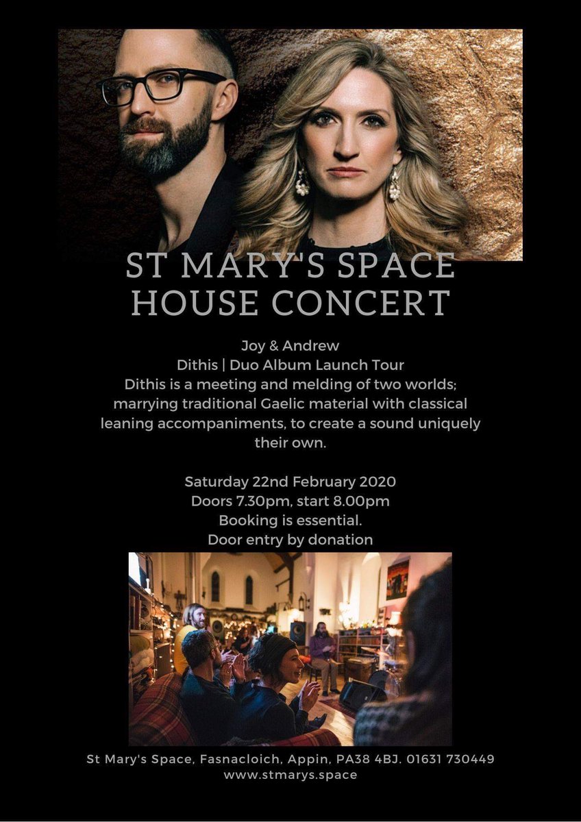 joyandandrew's tweet photo. And we’re off! Very excited to be heading to #Argyll this month to preview our new material from #Dithis, before its official release at the end of March. Our first stop is the fabulous @StMarysSpace in Appin - booking is advised for this one, all details are on the poster below. https://t.co/KnrHUmgR3s