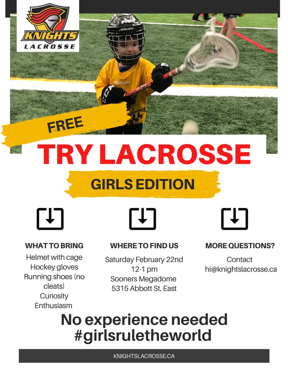 nepeanlax_girls's tweet photo. 🚨 GIRLS ONLY 🚨 Try Lacrosse Session at Sooners Megadome on Feb 22nd at noon. No experience necessary. Come for an hour and stay for the season!!  💛❤️🖤 https://t.co/XTKZzQo79y