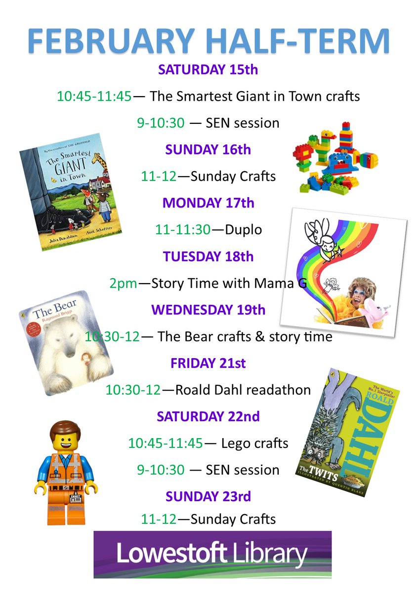 LowestoftLib's tweet image. We have so much going on at #Lowestoft Library over half term! Pop into the library to find out more! #lowestoftlibrary #libraries #library #halfterm @SuffolkLibrary #books #reading
