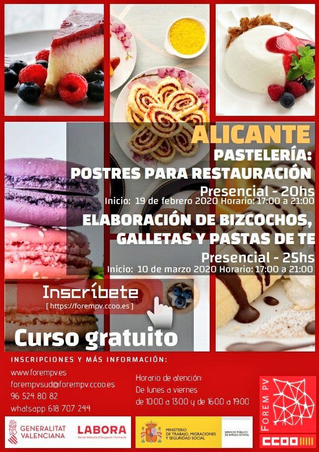 📢¡A T E N C I Ó N!📢
🎯Curso presencial:
Elaboración de bizcochos,
galletas y pastas de té.
🍪🥧🧁
Inicio: 19/2/2020
Inscríbete 📝👉 forempv.ccoo.es/curso/elaborac…

Desde <a href="/forempv/">FOREM PV  | Contigo</a> ofertan este curso para personas trabajadoras en activo.