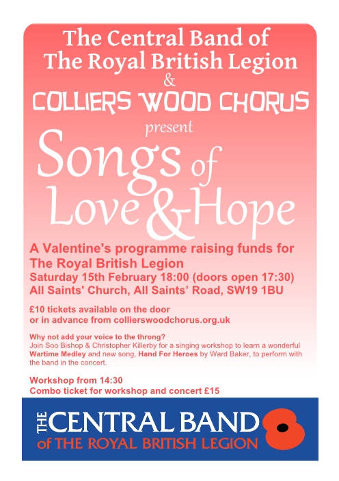 cKChoirboy's tweet photo. Fantastic concert coming up in aid of @PoppyLegion this #Valentine's Weekend. @CollyWarblers are hosting the @CentralBand for Songs of Love and Hope - let's face it, we can all do with more love and hope in our lives! https://t.co/GZErWimeWN