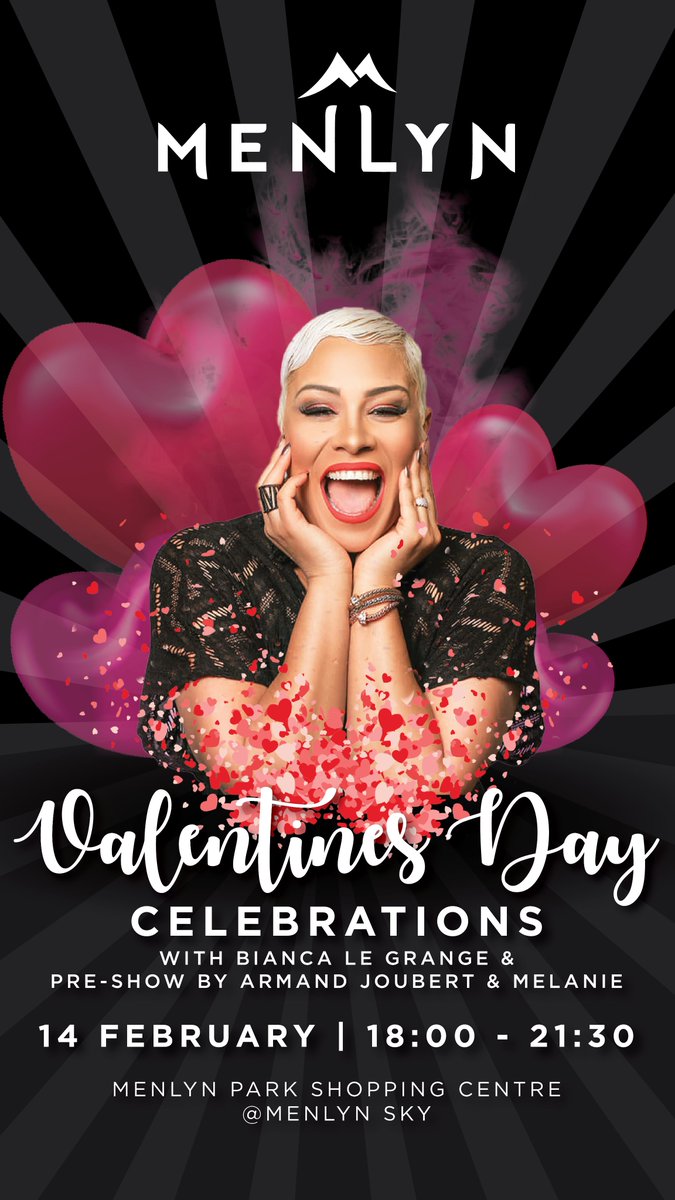 What are your plans for Valentines Day? You will make your way to <a href="/MenlynSA/">Menlyn Park</a> off course! We have a great evening planned. Performance by the amazing <a href="/Biancalegrange/">BIANCA LE GRANGE</a>. Pre-show by the incredible <a href="/armandjoubert7/">Call.Me.AJ</a>. Our MC will be <a href="/HendriMyb/">Hendri Myburgh</a> (<a href="/GrootFM/">GROOTfm 90.5</a>). Not to be missed!
