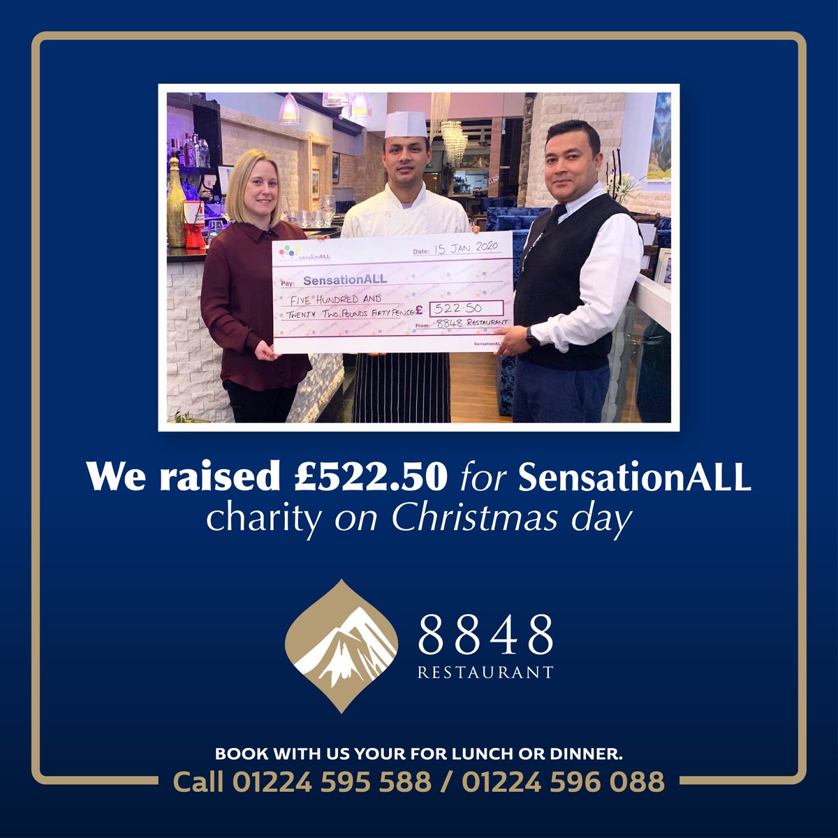 8848restaurant's tweet photo. We raised £522.50 for SensationALL charity on Christmas Day. Thank you for your support. https://t.co/Bp3alDcq0r