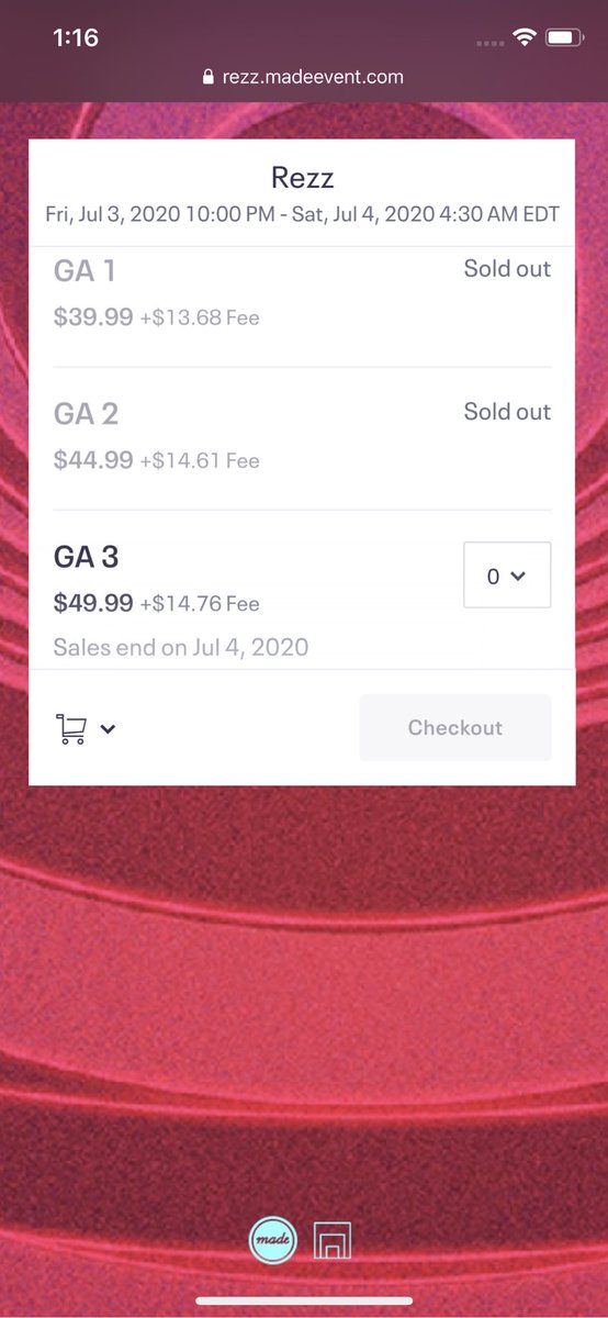 sandlotdj's tweet photo. Clicked on my “presale” “unique code” link for Rezz tix and once again have been foiled by #MadeEvent. Two tiers sold out, before my presale link even opened. And look at those FEES. https://t.co/pH8DzcfziF