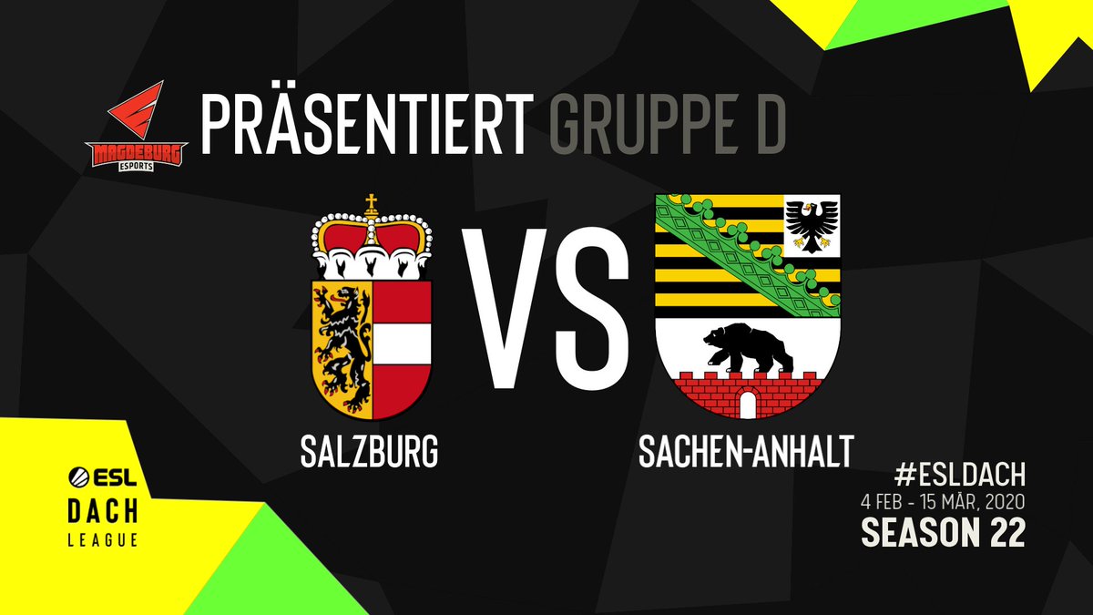 Heute bestreiten wir unser nächstes #ESLDACH Match.

Heute heißt es:
🇩🇪 #ANHALT vs 🇦🇹 #Salzburg 

Wir treten mit folgender Aufstellung an:
<a href="/r0me_cs/">Michel Borgmann</a> 
<a href="/DNL1702/">Daniel</a> 
<a href="/Johnywaffel/">Johnywaffel</a> 
@Mauric3TV_CSGO 
@HerrTobey 

Präsentiert wird das ganze von <a href="/eSports_MD/">Magdeburg eSports e.V.</a>.
📺twitch.tv/magdeburgespor…