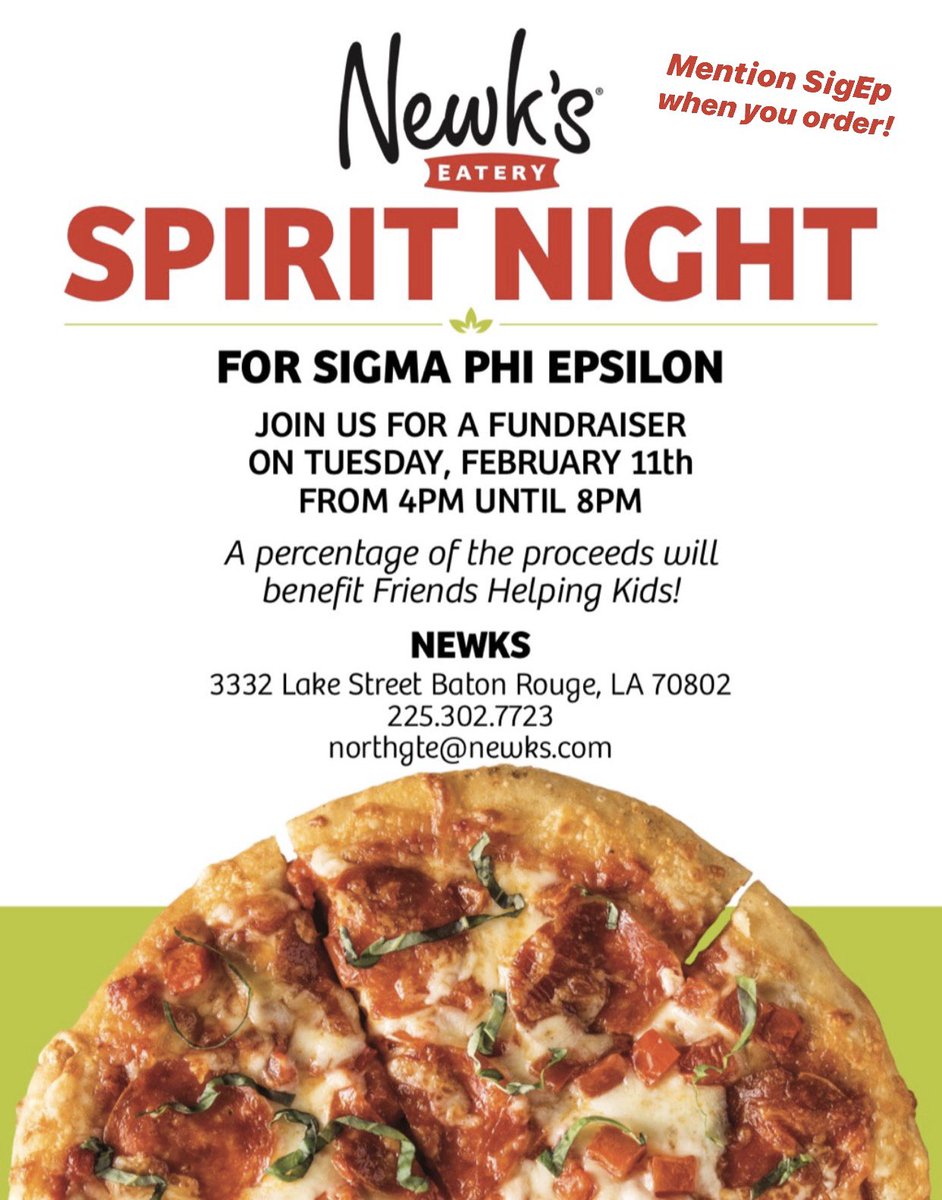 Giveback night at Newk’s starting at 4 TODAY. Don’t forget to mention SigEp when you order for donations!