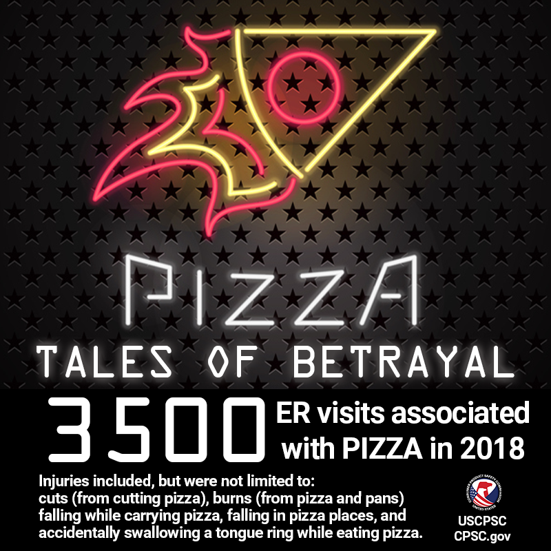 A picture of a neon pizza sign. The text reads: Pizza - tales of betrayal. 3500 ER visits associated with pizza in 2018. Injuries included: cuts, burns, falling while carrying pizza, falling in pizza places, and accidentally swallowing a tongue ring while eating pizza.