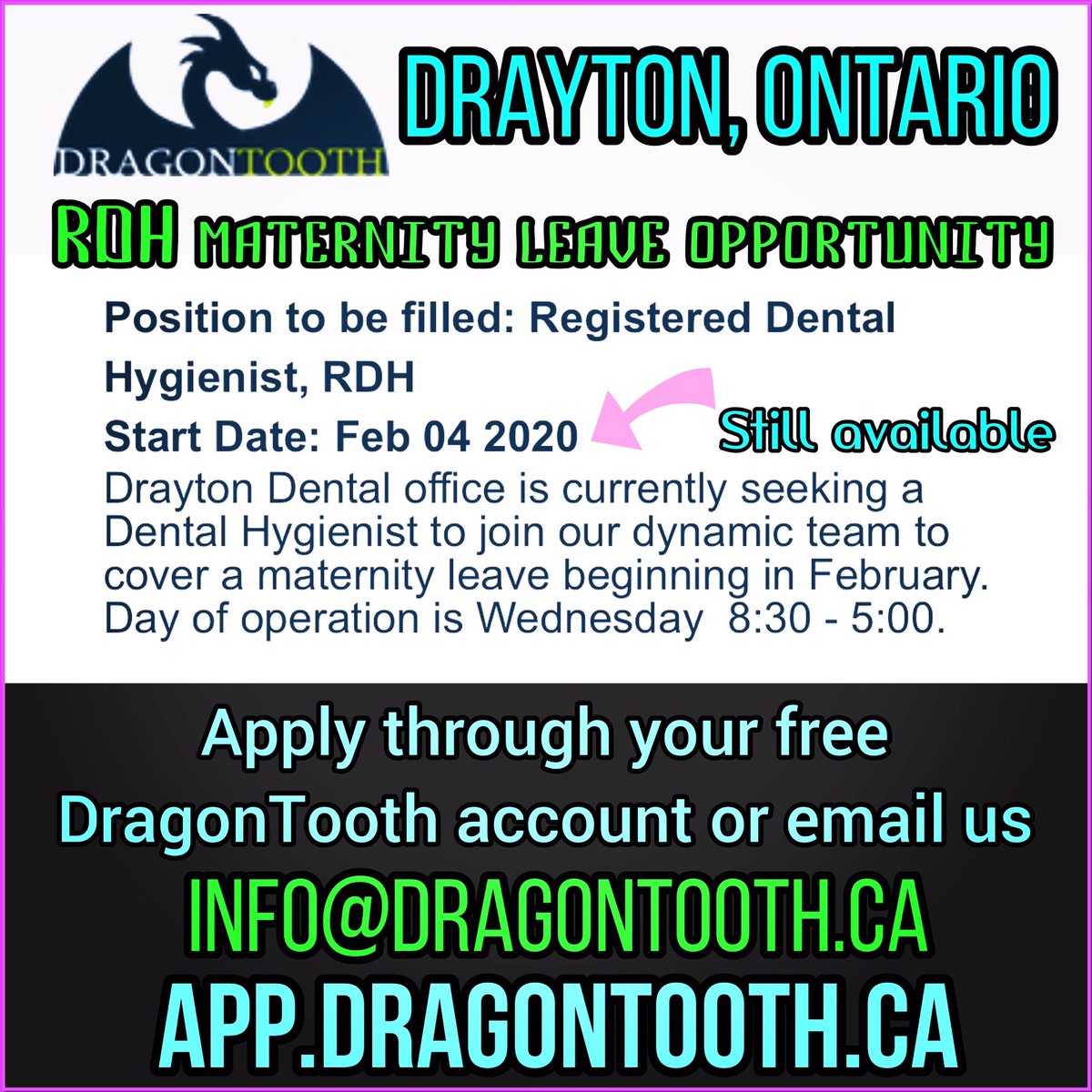 DragonToothApp's tweet image. RDH maternity leave opportunity in Drayton, Ontario. Apply through your free DragonTooth profile with your resume. Sign up and apply. App.dragontooth.ca #ontariodental #draytondentist #canadiandentistry #dentalhygienist #rdh  #hygienist #dentaljobs @theCDHA @OntarioODHA
