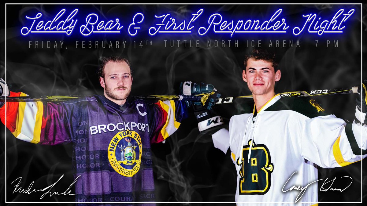 3️⃣-more 😴

Pick up a NEW teddy bear 🧸, bring it to Tuttle Friday Night, and LAUNCH 🚀 it onto the ice after the first Brockport 🚨

++ get chance to 👀 these custom <a href="/brockport/">SUNY Brockport</a> First-Responders night Jerseys 🔥🔥

Bid on your fav players jerseys here: gobrockport.com/auction