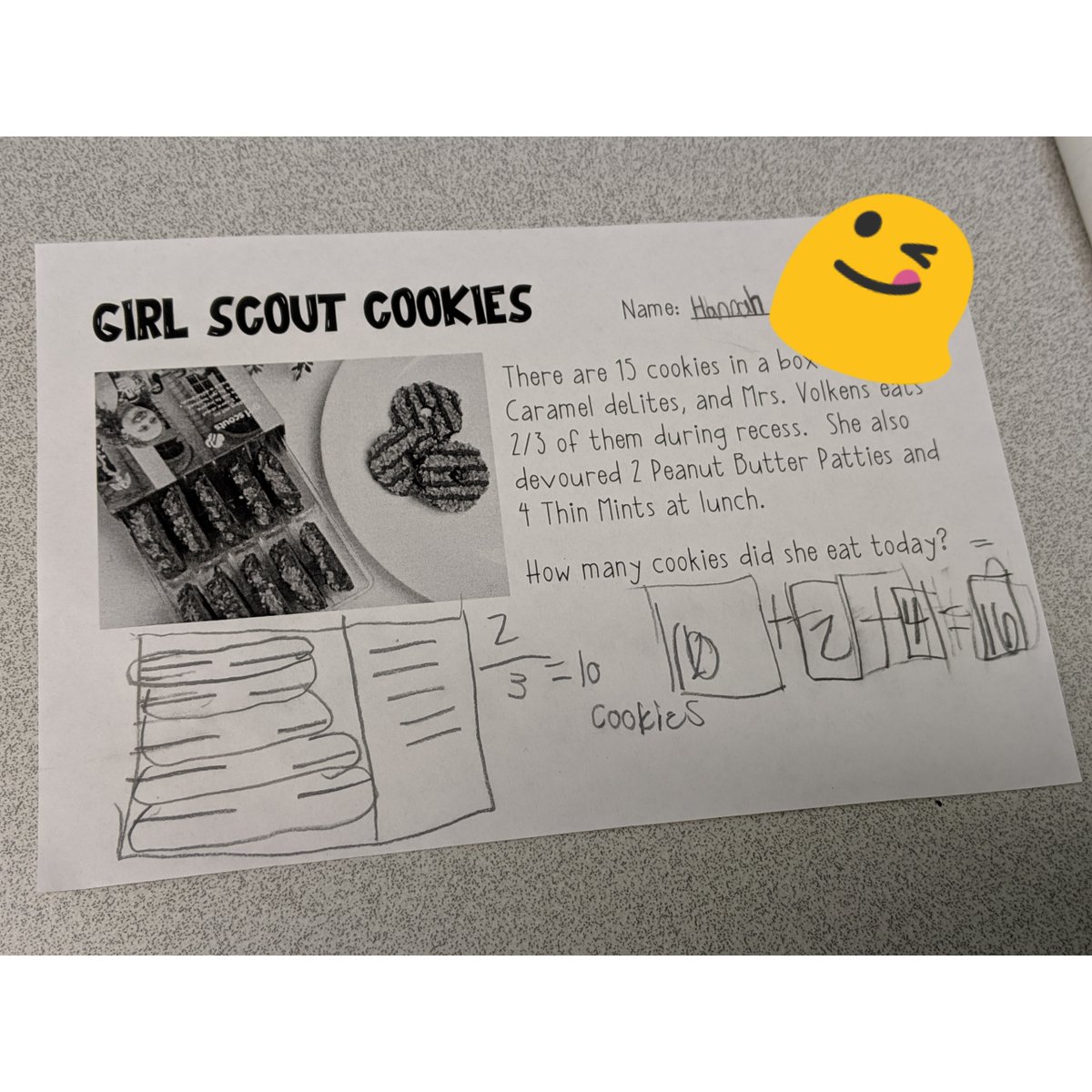 mrsvolkens's tweet image. There are 15 cookies in a box of #CarameldeLites, and Mrs. Volkens eats 2/3 of them during recess.  She also devoured 2 #PeanutButterPatties and 4 #ThinMints at lunch.  How many #GirlScoutcookies did she eat? 🍪🤣 #realworldmath #teacherlife #teacherprobs #eeinkee #waukthetalk
