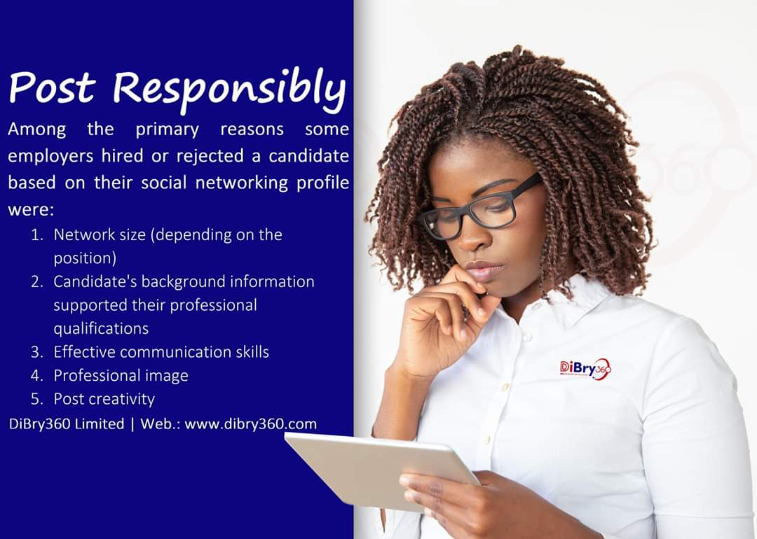 DiBry360's tweet photo. A growing number employers are using social media as a recruitment tool. So what you post and how you behave on these sites can create a first impression of the sort of person you might be. 

Hiring managers assess if a candidate would fit in with their work culture.
- #DiBry360 https://t.co/JGmHgcaXNB