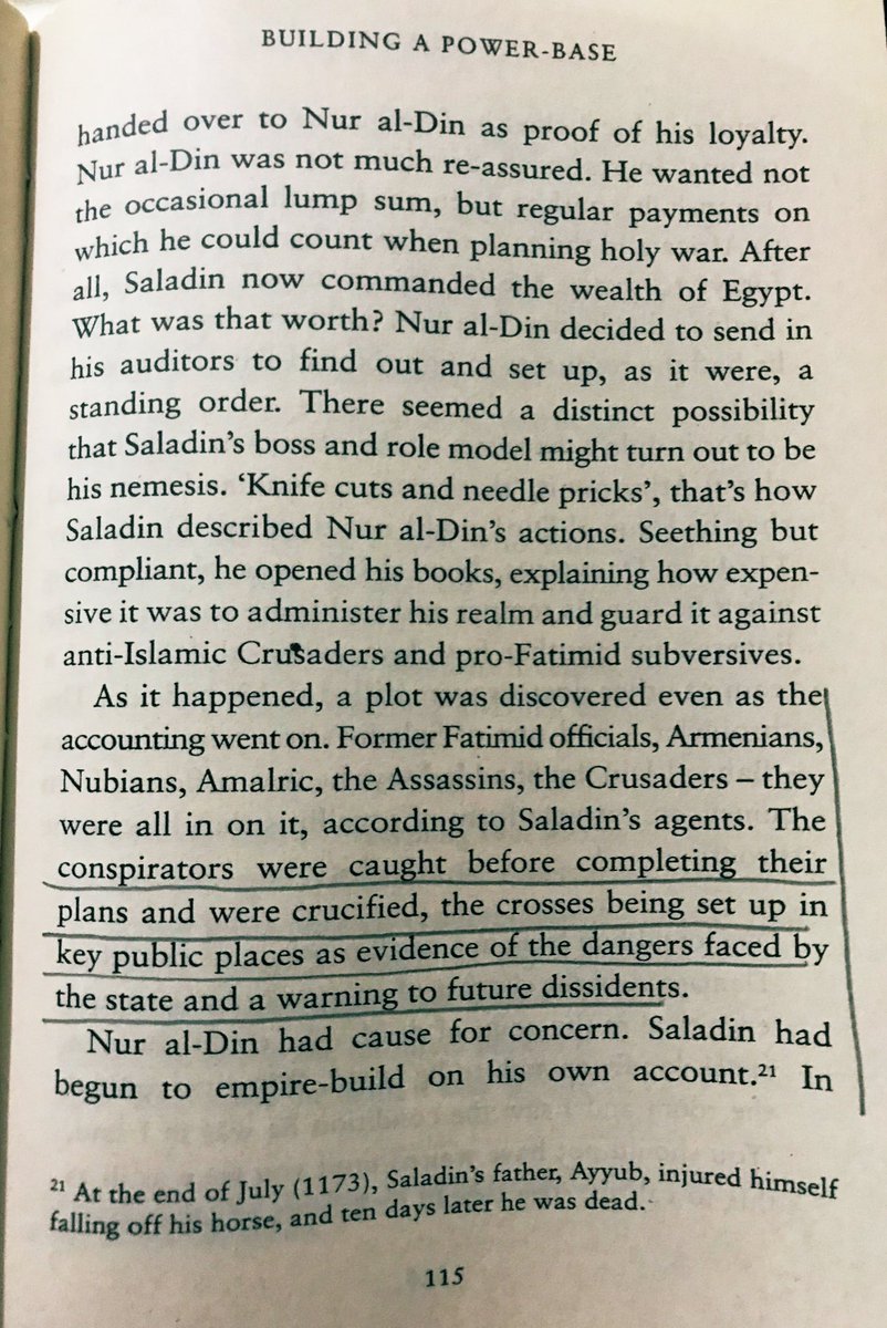 Saladin publicly crucified the conspirators as a warning to future dissidents.  #SaladinBiography authored by John Man  #100books2020  #bookscache