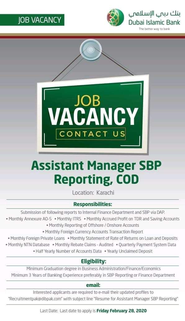 YasserS99's tweet photo. #DubaiIslamicBank #Pakistan Limited (#DIBPL) seeks to for the post of #AssistantManager #SBPReporting, COD based at #Karachi.
(As received)
#careeropportunity #job #bankjob #bankingsector #bankingindustry #IslamicBanking #IslamicFinance https://t.co/4IDMu1RQ8r