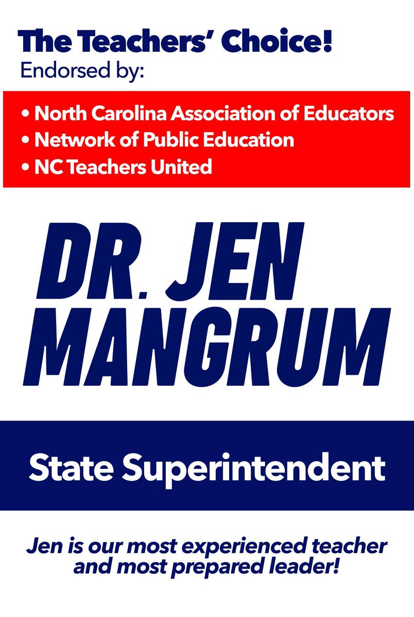 As a lifelong educator AND a lifelong North Carolinian, I feel  that it's time to take overt politics out of decision making about education. Isn't it common sense that we elect an educator to lead NC schools? Please consider <a href="/jenmangrumfornc/">Dr. Jen Mangrum🍎(she/her/hers)</a>, a teacher supported by teachers.