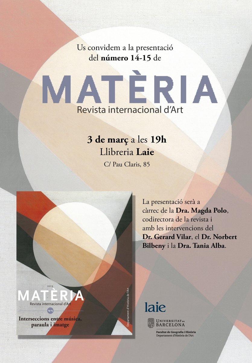 El dimarts 3 de març tindrà lloc la presentació del número 14-15 de Matèria. Revista internacional d'Art: Interseccions entre música, paraula i imatge.

📅 Dimarts 3 de març, 19h
📍 Llibreria Laie <a href="/laietana/">laie</a> C/ Pau Claris, 85

Us hi esperem!