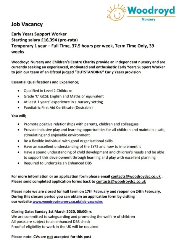 NicolaCharnwork's tweet photo. #jobs! Sharing on behalf of our colleagues at Woodroyd Nursery #bradford @BetterStartBfd #nurseryworker #earlyyears #jobsearch #jobseeker https://t.co/gvQluG7DS3