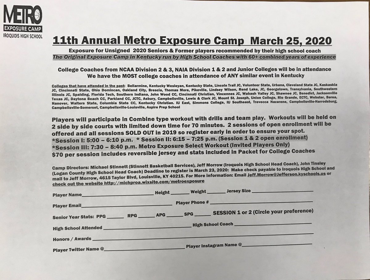 The 11th Annual Metro Exposure Camp for unsigned Seniors will be held Wednesday March 25, 2020 @ Iroquois High School. Over a decade of helping seniors achieve their dreams of playing college basketball! <a href="/johntinsley11/">John Tinsley</a> <a href="/CoachStinnett/">Michael Stinnett</a> <a href="/CoachJeffMorrow/">Jeff Morrow</a>
