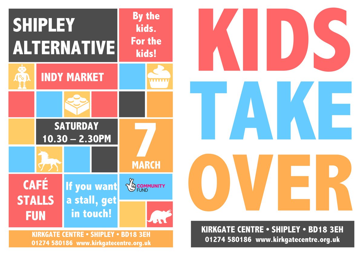 We've our 'Kids Take Over' <a href="/shipleyalt/">Shipley Alternative</a> market on 7 March, 10.30 to 2.30pm. It's a chance to find out more about our exciting <a href="/TNLComFund/">The National Lottery Community Fund</a> Lottery funded project (which means it is really funded by all of you!), which will support more activities by &amp; for local families in Shipley.