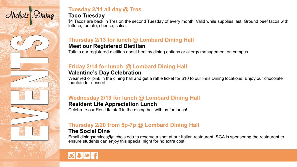 We have a lot going on the next couple weeks for Nichols Dining. Check out these events and let us know if you have any questions!