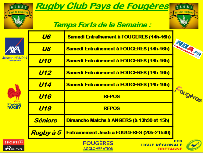 RCPFougeres's tweet photo. 🔰Les Temps Forts de cette dernière semaine avant les Vacances Scolaires
👉Pendant les Vacances : 2 Matchs Séniors ( dont le 23 Février à Fougères), 2 jours de Stages Ecole de Rugby (25 et 26 Février), 1 Journée de Stage Pôle Jeunes (27 Février), 1 Match Juniors (29 Février) !🔥 https://t.co/K5fsO8YPsm