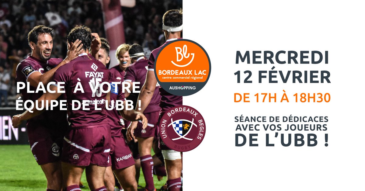 UBBrugby's tweet photo. L'UBB dans votre centre !
Ce mercredi, de 17h à 18h30, retrouvez des joueurs de l'UBB au Centre Commercial Aushopping Bouliac et Centre Commercial Aushopping Bordeaux Lac !
Une séance de dédicaces et des animations vous attendent !

#iloveubb #bordeaux #rugby https://t.co/7VTFgl3p0e