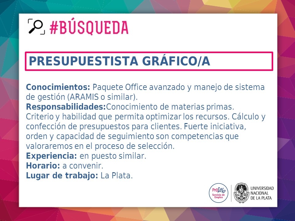GraduadosUNLP's tweet photo. 📣 ¡Oferta laboral del día!

¡Importante gráfica incorpora Presupuestista Gráfico/a!

👉🏼 Si estás interesdo/a podés enviar tu CV a prolab@presi.unlp.edu.ar, con asunto "Presupuestista Gráfico/a". https://t.co/4p5rThxEa2