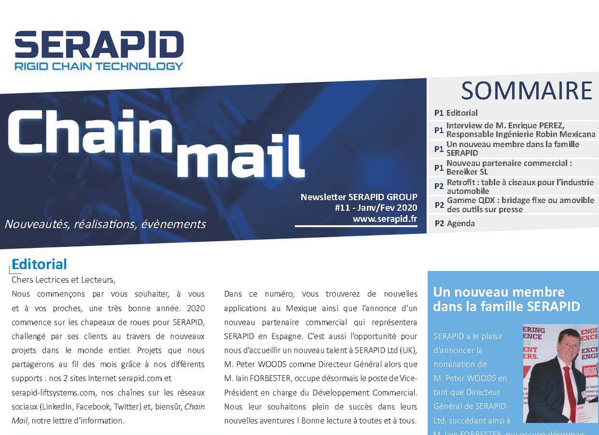 Newsletter Chain Mail disponible ! Au programme : interview de M. Enrique Perez, Robin Mexicana, sur la mise en place d’un gerbeur porte-outils SERAPID ; projet de retrofit sur une table à ciseaux devenue 100% mécanique pour une usine automobile … bit.ly/37jYBLc
