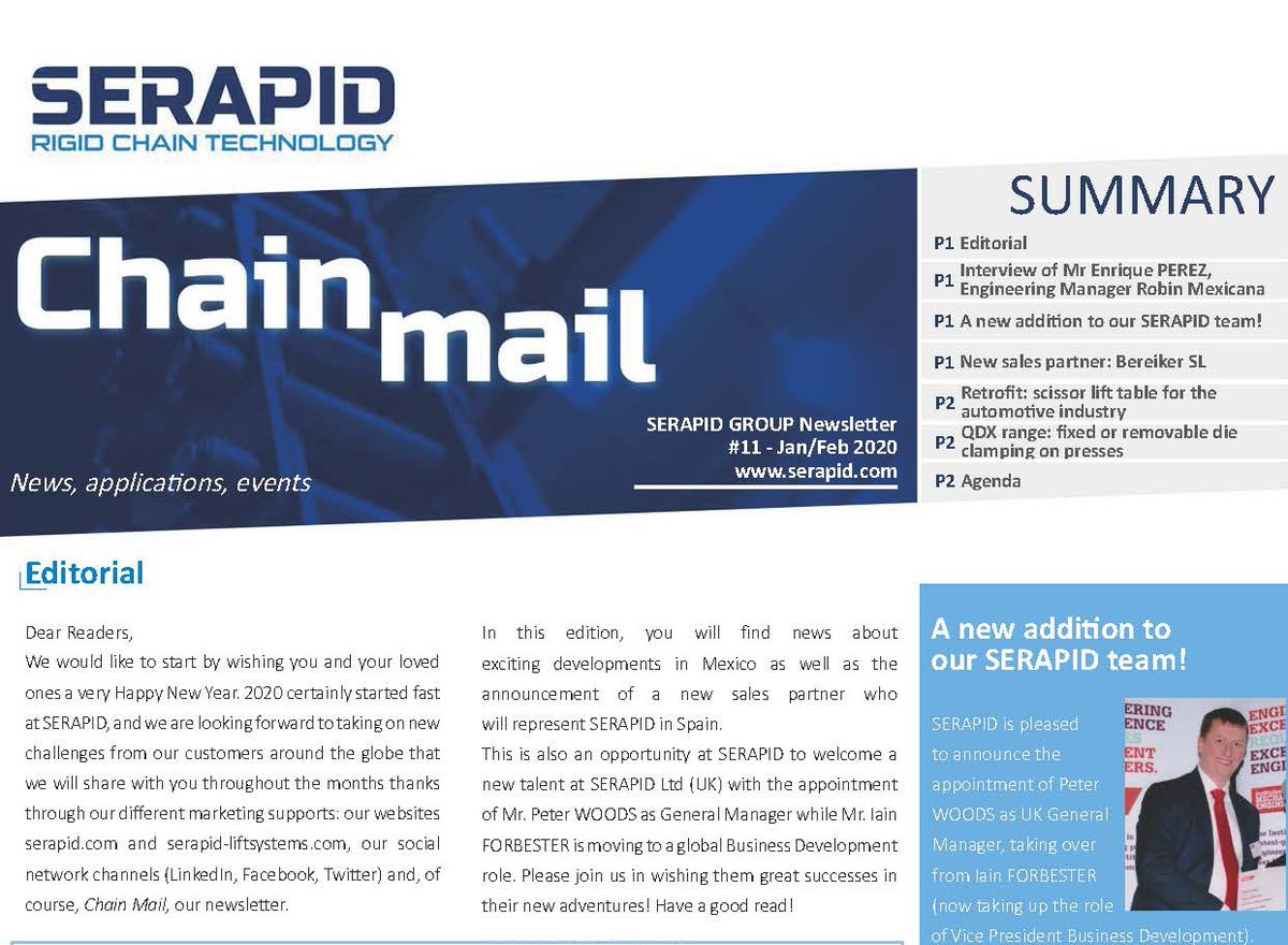 New issue of our Newsletter Chain Mail now available! You will find: Mr Enrique PEREZ, Robin Mexicana, concerning the installation of a SERAPID die stacker ; retrofit of a scissor lift table for a plant, automotive industry, … bit.ly/38dD8Fb