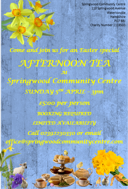 Springwood_CC's tweet image. Come and join us for our popular afternoon tea this Easter at Springwood Community Centre. Enjoy some sweet &amp;amp; savoury treats along with tea or coffee, Only £5.00 per person. Call 02392 230330 #AfternoonTea #SpringwoodCommunityCentre #Waterlooville