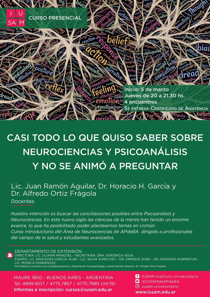 IUSAMdeAPdeBA's tweet photo. ☀️CURSOS DE VERANO☀️

CASI TODO LO QUE SIEMPRE QUISO SABER SOBRE NEUROCIENCIAS + PSICOANÁLISIS Y NO SE ANIMÓ A PREGUNTAR.

📆Inicia el 5 de marzo
Jueves de 20 a 21.30.

💌 Consultanos por acá, Instagram o mail! Contacto: cursos@iusam.edu.ar https://t.co/GBvKYi1S4t