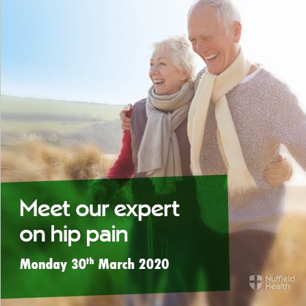 Problems with hip pain? Why not come along to our free meet the expert event on Monday 30th March 2020 with Professor Robert Middleton, Consultant Orthopaedic Surgeon. Book here bit.ly/2w6zjmZ or telephone 01202 702830.