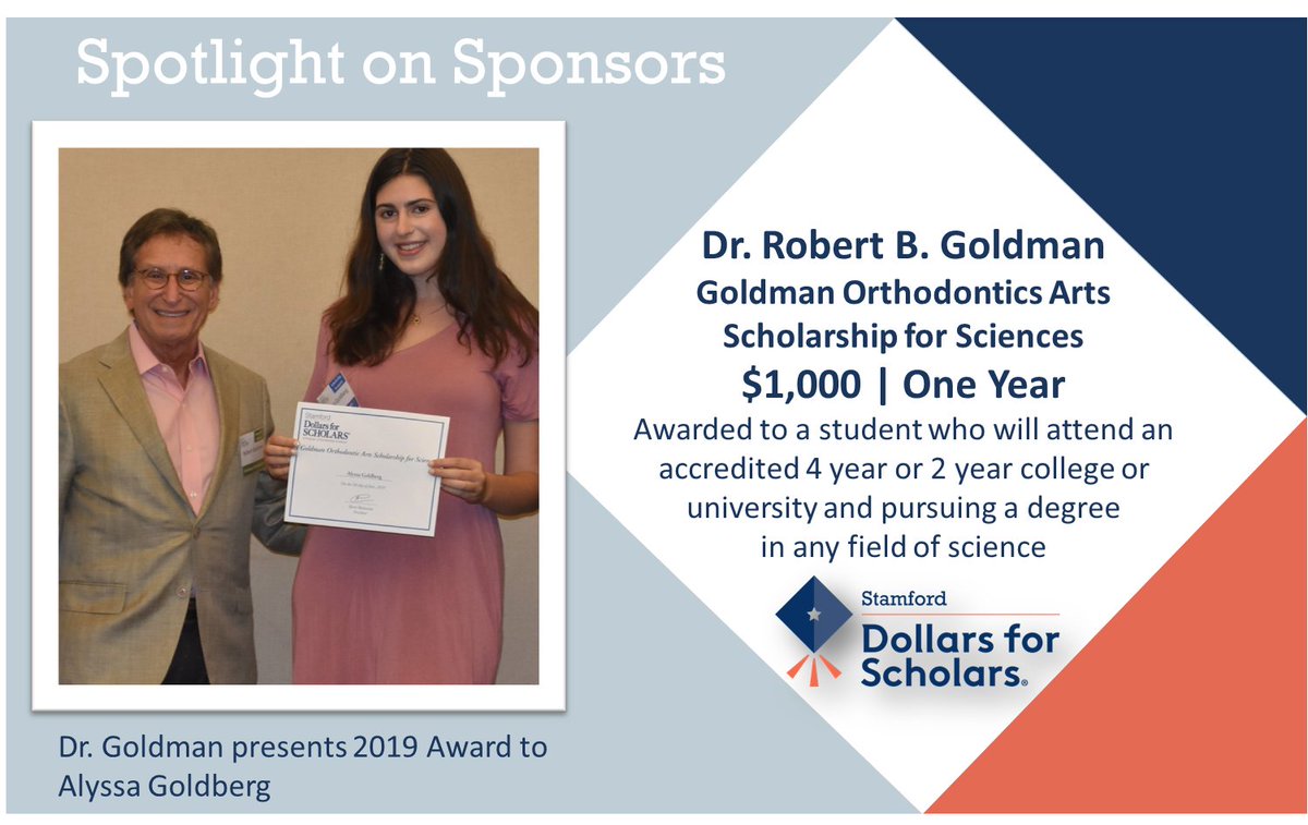 StamfordDollars's tweet photo. Thank you Dr. Robert Goldman and Goldman Orthodontic Arts for sponsoring a 2020 #scholarship and your support since 2013. Learn more at https://t.co/aVU2zjCUJd https://t.co/abkHoPzNnn