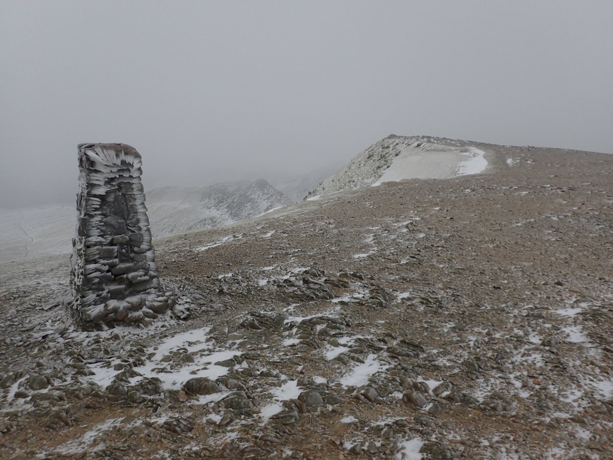 Beautiful rime ice on Helvellyn's Trig Point. Not obvious on the pic, but there was lots of ice on the summit plateau's ground making walking in the 60+ mph gusts more challenging - especially with the wind blowing you towards the edge!