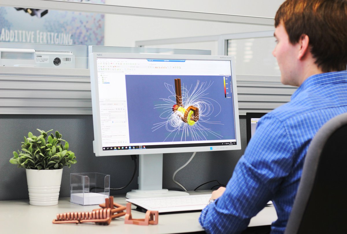 PROTIQ_GmbH's tweet photo. Developing #inductors requires expensive experiments. We show that it can be different. Using numerical #simulationmethods, the behavior of the #coils in the process is visualized & an #optimized inductor #geometry is determined, which is then #3Dprinted out of 100% pure #copper! https://t.co/froXCx5AQc
