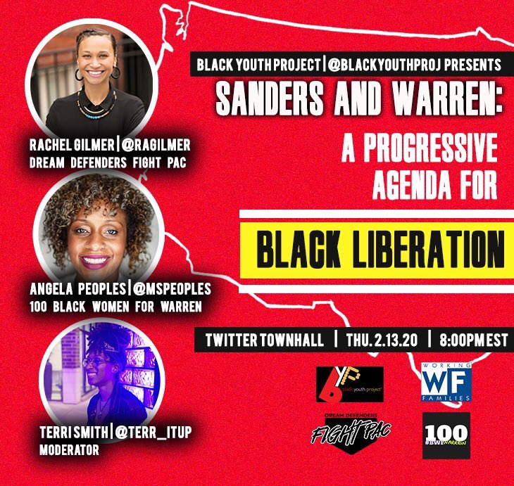 Black Youth Project #BYP (@blackyouthproj) on Twitter photo In the spirit of supporting grounded debates and engagement, BYP will be hosting a Twitter Townhall titled “Sanders & Warren: A Black Progressive Agenda for Black Liberation”
Join BYP, <a href="/RaGilmer/">Rachel Gilmer</a>, @MsPeoples & @Terr_ItUp
for the Townhall this Thursday 2/13 from 8 to 8:30 pm EST! In the spirit of supporting grounded debates and engagement, BYP will be hosting a Twitter Townhall titled “Sanders & Warren: A Black Progressive Agenda for Black Liberation”
Join BYP, <a href="/RaGilmer/">Rachel Gilmer</a>, @MsPeoples & @Terr_ItUp
for the Townhall this Thursday 2/13 from 8 to 8:30 pm EST!