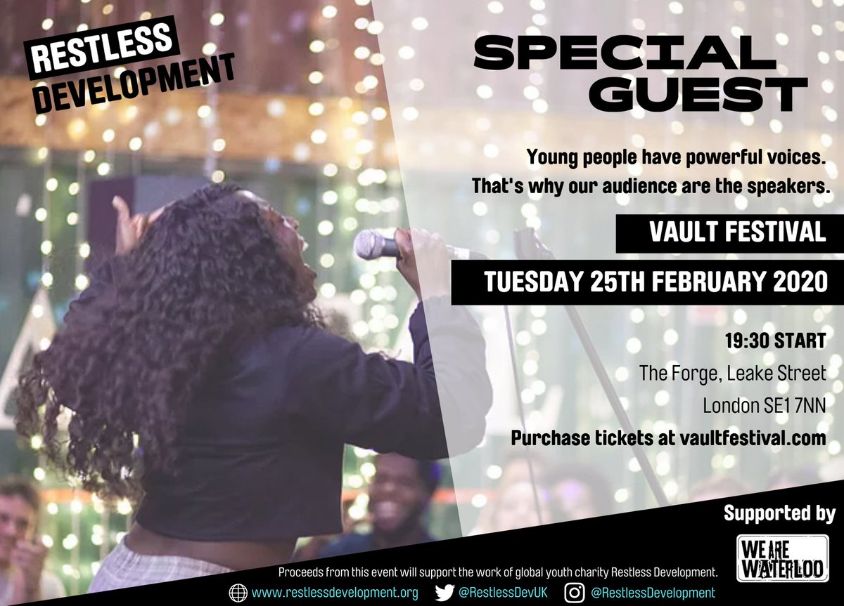 Do you want to have an incredible night out? And help <a href="/RestlessDev/">Restless Development</a> to unlock #YouthLeadership all round the world?!

Grab your tickets to <a href="/SpecialGuestLDN/">Special Guest</a> at the @thevaultsuk on the 25th Feb. You won't regret it!

bit.ly/39euMxb

#whatsonlondon #nightsout
