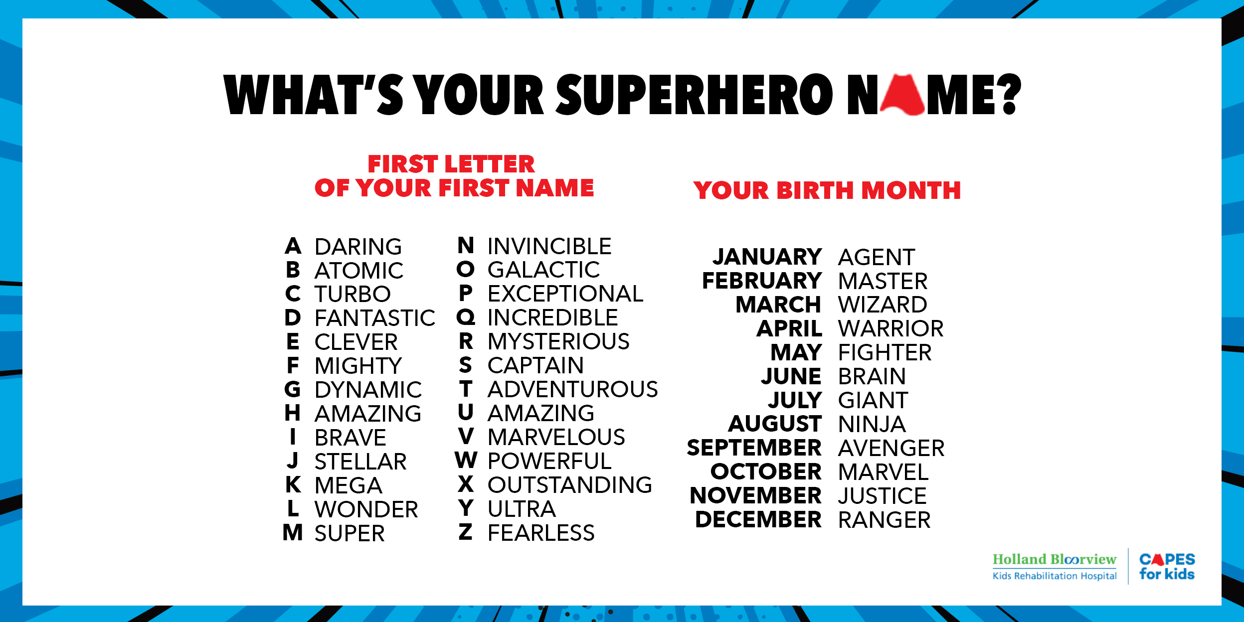 Holland Bloorview on Twitter: "What's YOUR superhero name? Find out using our name generator for #CapesForKids! 💪 Want to download an accessible document and other fun stuff? https://t.co/ZBLEPWwKhH https://t.co/IkNdLKLDHc" / Twitter