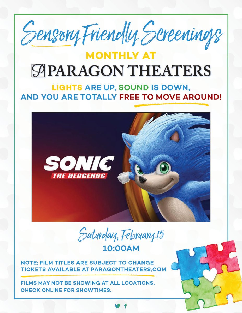 Spotsylvania County Public Schools (@spotsyschools) on Twitter photo FRIENDLY REMINDER - Paragon Theaters will have a SENSORY FRIENDLY SCREENING of Sonic the Hedgehog THIS SATURDAY, February 15, at 10am. Lights are up, sound is down, and you're totally free to move around! Tickets available at paragontheaters.com <a href="/paragontheaters/">Paragon Theaters</a> FRIENDLY REMINDER - Paragon Theaters will have a SENSORY FRIENDLY SCREENING of Sonic the Hedgehog THIS SATURDAY, February 15, at 10am. Lights are up, sound is down, and you're totally free to move around! Tickets available at paragontheaters.com <a href="/paragontheaters/">Paragon Theaters</a>