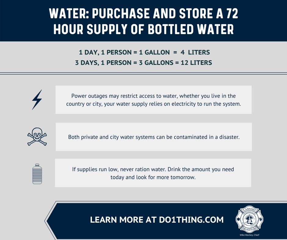 Access to safe drinking water can be compromised during an emergency, so be prepared and have a large supply of bottled water stored. For more info visit do1thing.com
<a href="/do1thingus/">Do1Thing</a>