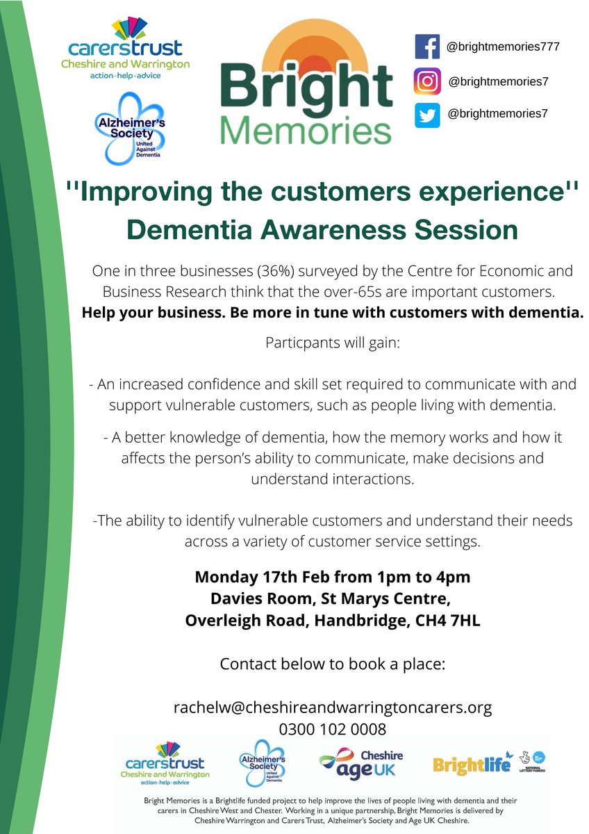 There's a free funded Dementia Awareness session happening over the road at St. Mary's Handbridge. @BrightMemories7 @ShitChester