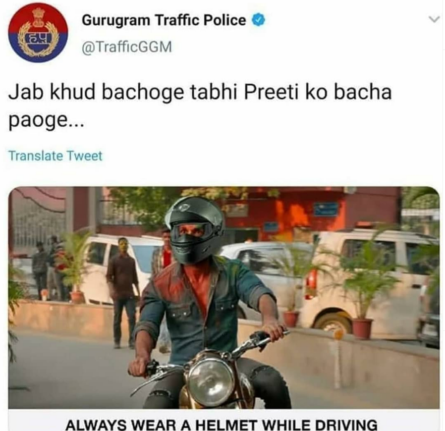 CuriosityIsCold's tweet photo. Gurugram traffic police are doing their bit to highlight the importance of wearing helmets to reduce the number of traumatic brain injuries and death
#gurugram #safetyfirst #roadsafetyzeroaccident #gurugramtrafficpolice https://t.co/3fkcRRLyLL