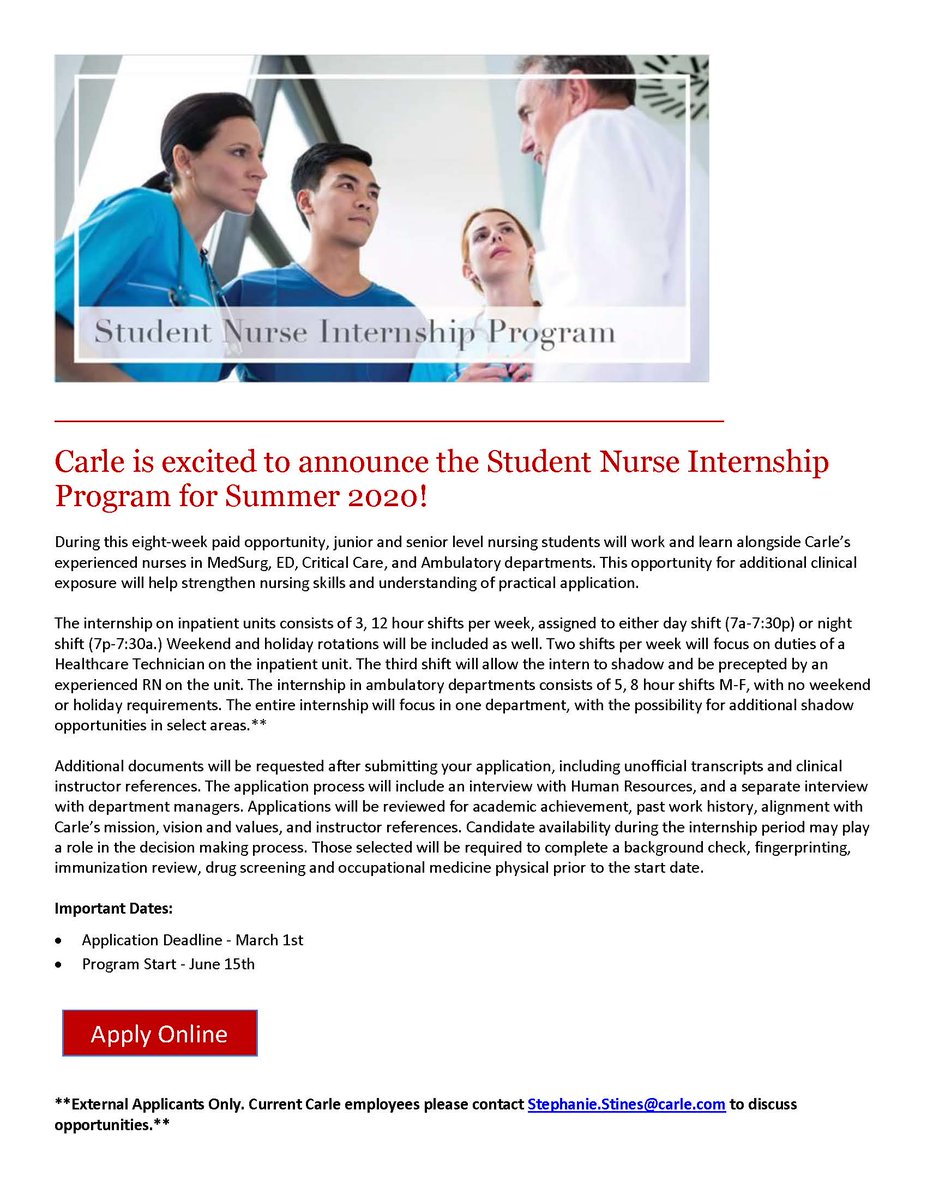 Student Nurse Internship Program - Summer '20!
Eight-week paid - Jr &amp; Sr nursing students work, learn alongside Carle’s experienced nurses in MedSurg, ED, and Critical Care units.  
<a href="/ISU_SNA/">ISU Student Nurses</a> <a href="/handerson130/">Heather Anderson</a> <a href="/BoilerDNP2016/">Amanda</a>