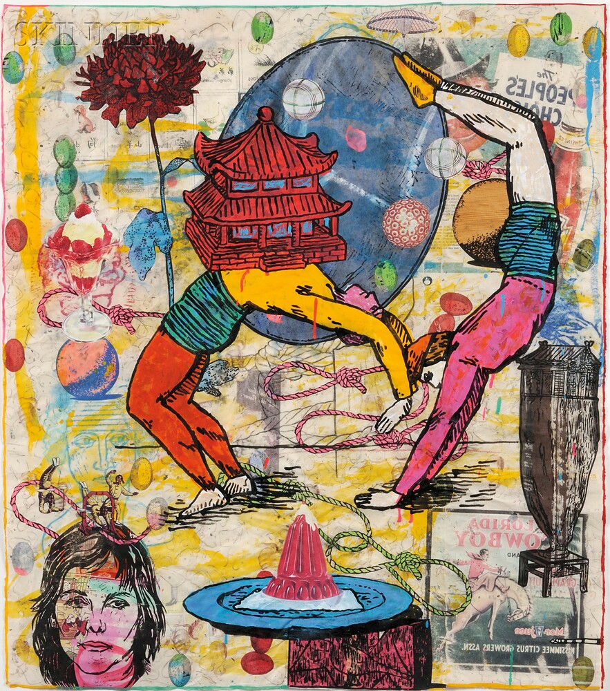 Mixed media works by American artist Jane Hammond, 1990s-2010s, who often combines varied material and processes (including collage, painting, printmaking, digital techniques, and poetry) in her dense compositions