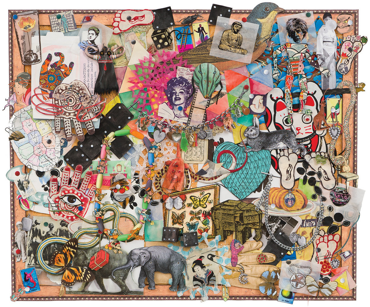 Mixed media works by American artist Jane Hammond, 1990s-2010s, who often combines varied material and processes (including collage, painting, printmaking, digital techniques, and poetry) in her dense compositions