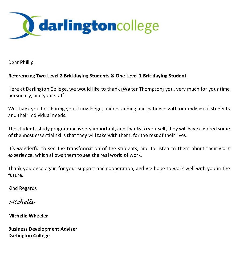 WalterThompsonL's tweet photo. Lovely letter received following some Work Trial Placements on our local Finkills Way, Northallerton site, thank you to everyone involved #workplacement #worktrial #studentlife #community #loveconstruction #Northallerton https://t.co/MGzq9USw1x