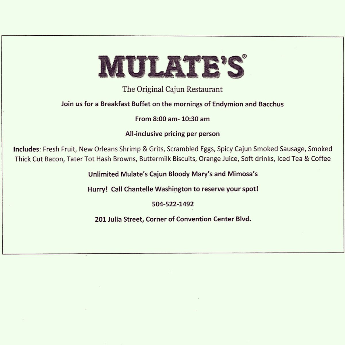 Mulates's tweet image. Get a head start on Fat Tuesday and join us for a breakfast buffet the mornings of Endymion &amp;amp; Bacchus!! Reservations are not required but are recommended! Give us a call today at 504-522-1492! Laissez Les Bon Temps Rouler! 💜💚💛